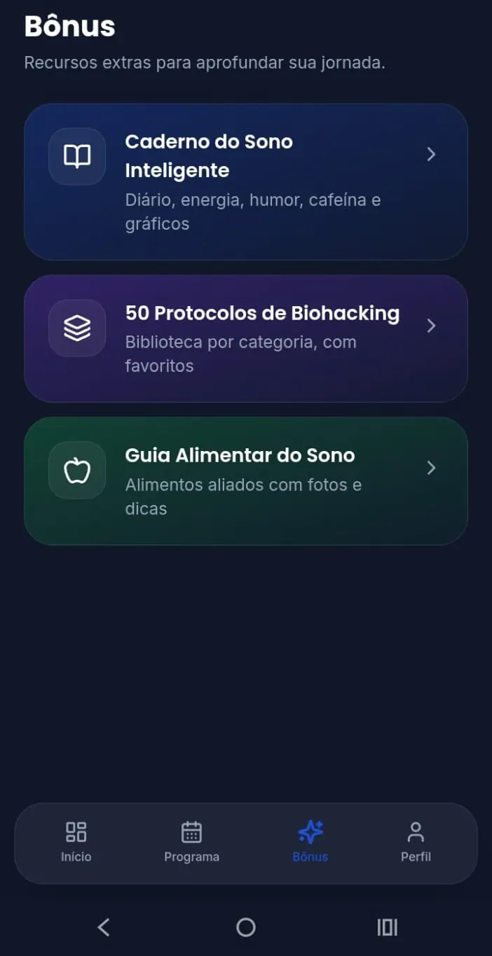Área de bônus do app do Biohacking do Sono