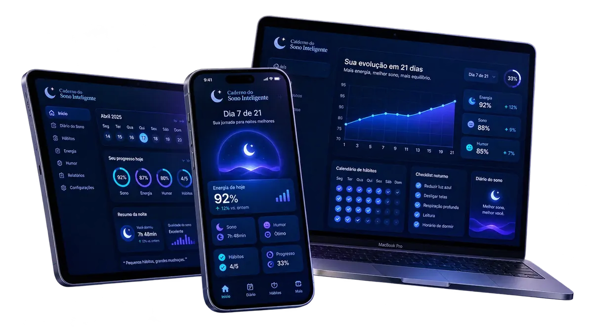 Caderno do Sono Inteligente em notebook, tablet e celular