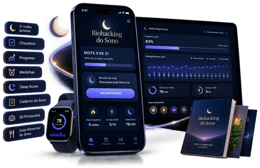 App Biohacking do Sono com missões guiadas, checklists, progresso, sleep score, caderno do sono e guia alimentar