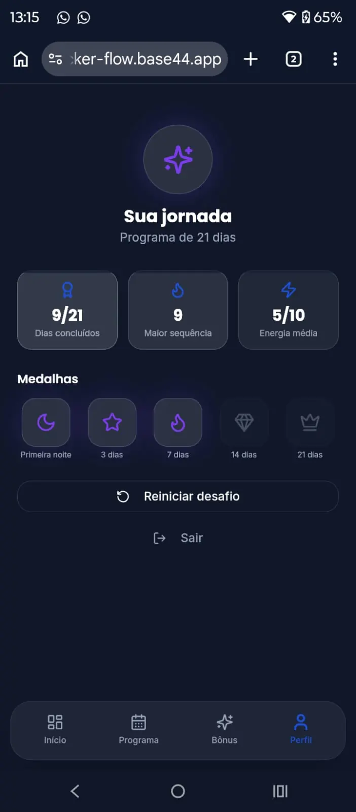 Acompanhamento dos dias concluídos do Biohacking do Sono
